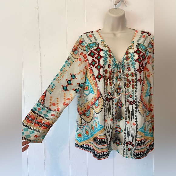 Rococo Sand Boho Embroidered Colorful 100% Silk Blouse size M - Picture 2 of 9